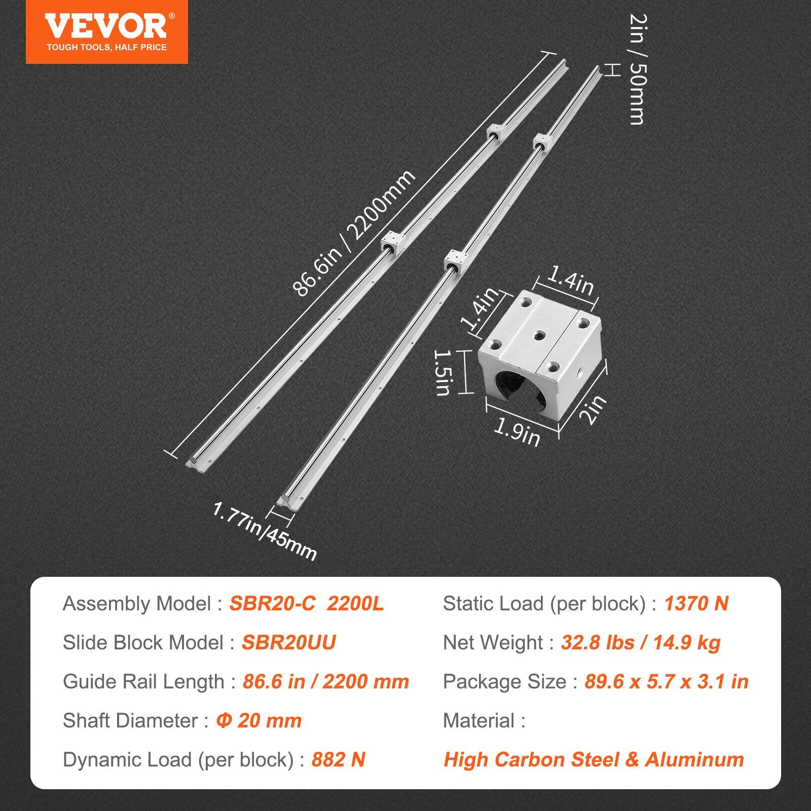 Linear Guide Rail Set, SBR20 2200mm, 2 PCS 86.6 in/2200 mm SBR20 Guide Rails and 4 PCS SBR20UU Slide Blocks, Linear Rails and Bearings Kit for Automated Machines DIY Project CNC Router Machines - Image 7