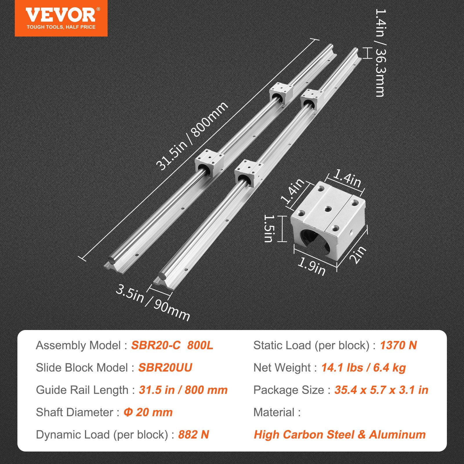 Linear Guide Rail Set, SBR20 800mm, 2 PCS 31.5 in/800 mm SBR20 Guide Rails and 4 PCS SBR20UU Slide Blocks, Linear Rails and Bearings Kit for Automated Machines DIY Project CNC Router Machines - Image 7