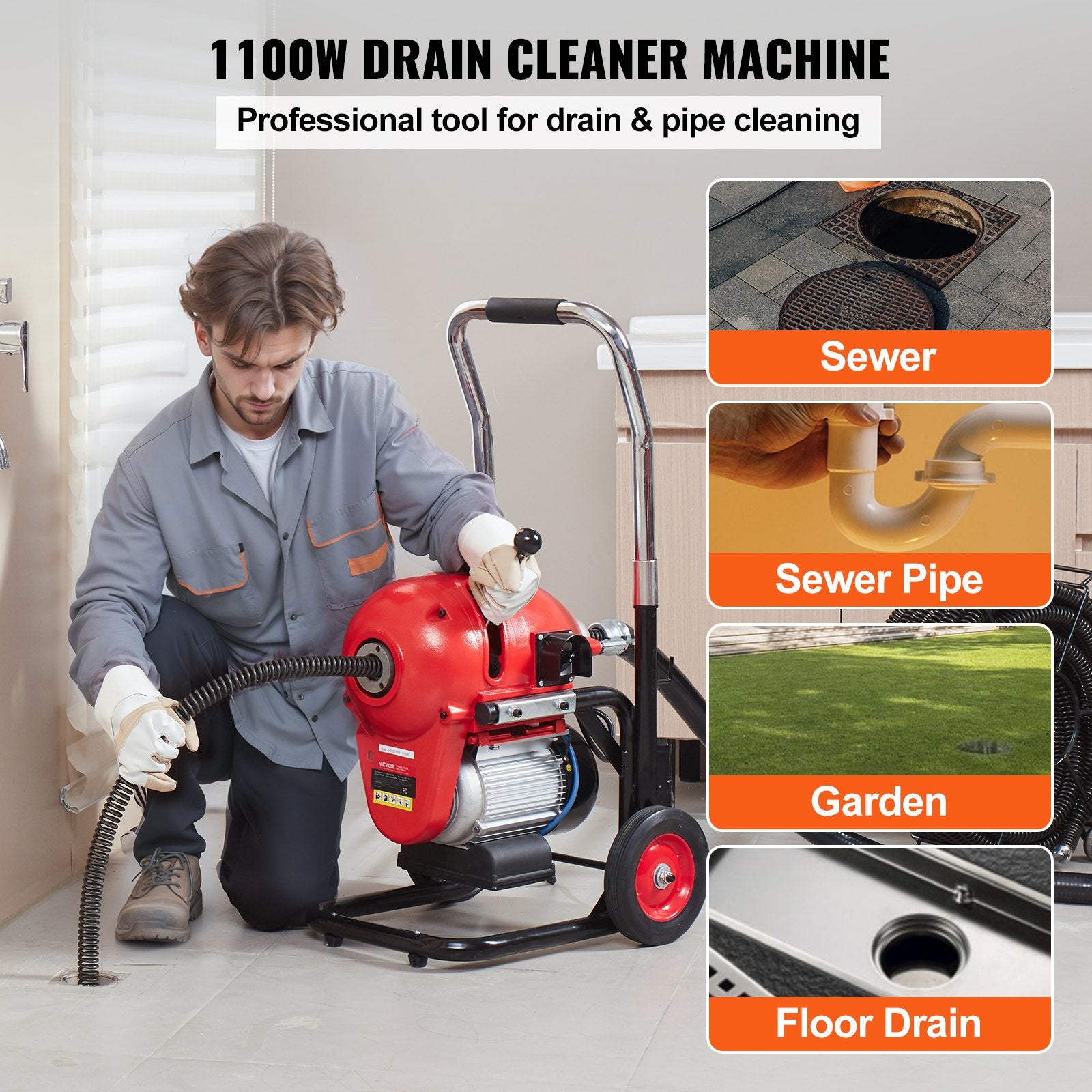 Drain Cleaner Machine 120FT x 6/5" 1100W Sectional Snake Auger Manual Feed - Image 2