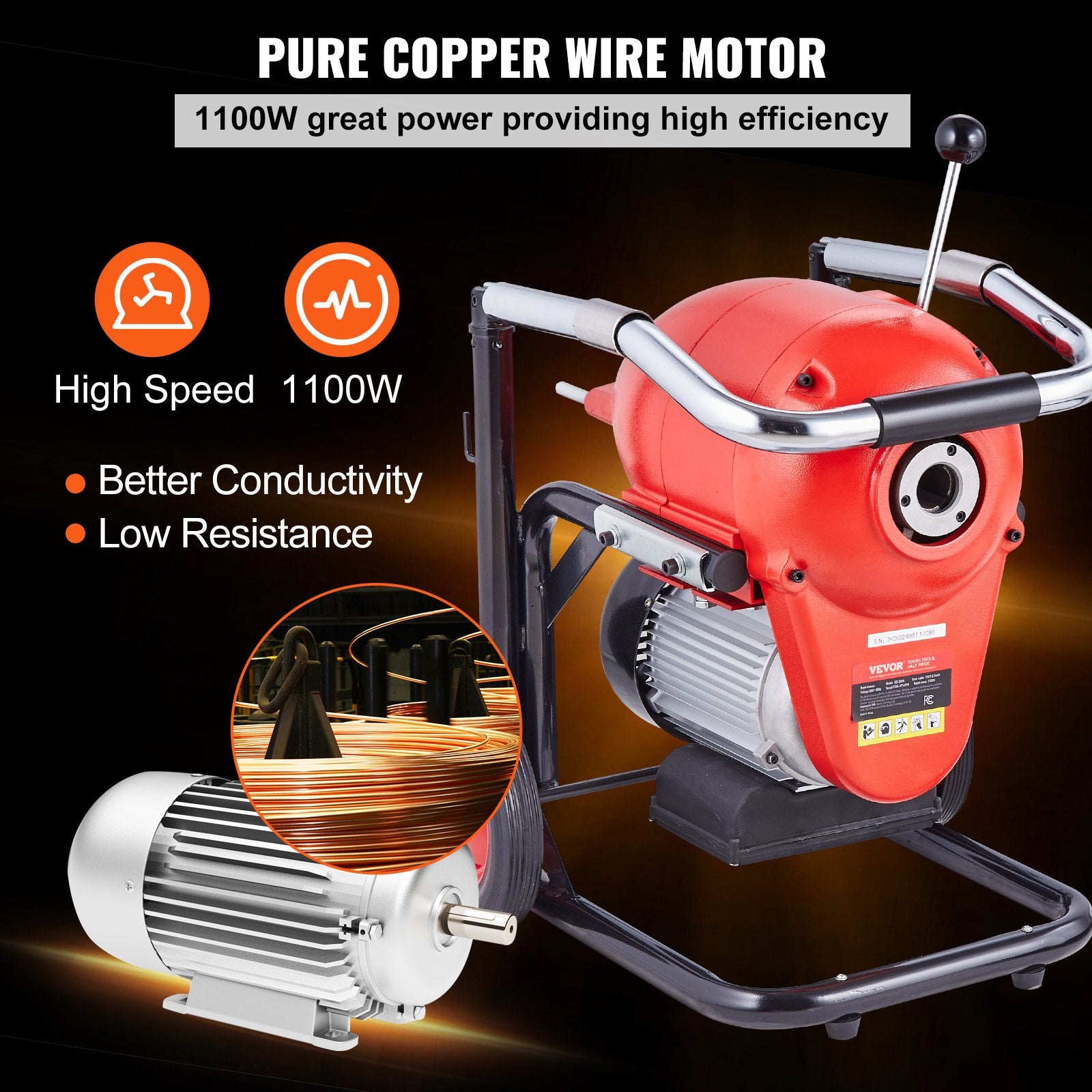Drain Cleaner Machine 120FT x 6/5" 1100W Sectional Snake Auger Manual Feed - Image 5