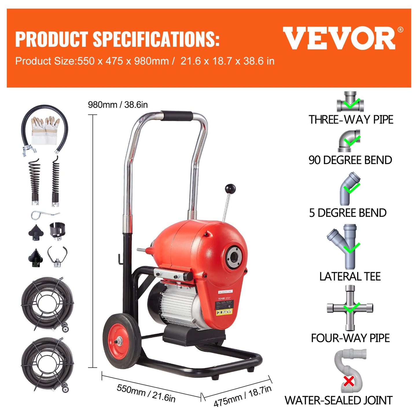 Drain Cleaner Machine 120FT x 6/5" 1100W Sectional Snake Auger Manual Feed - Image 7