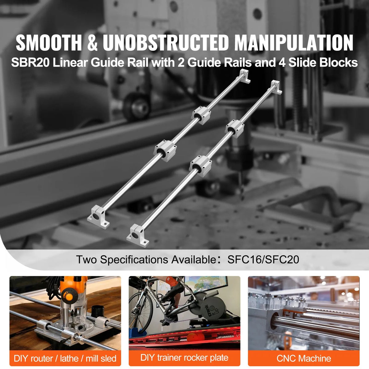 Linear Guide Rail Set, SFC20 1200mm, 2 PCS 47.2 in/1200 mm SFC20 Guide Rails 4 PCS SC20 Slide Blocks 4 PCS Rail Supports, Linear Rails and Bearings Kit for Automated Machines CNC DIY Project - Image 2