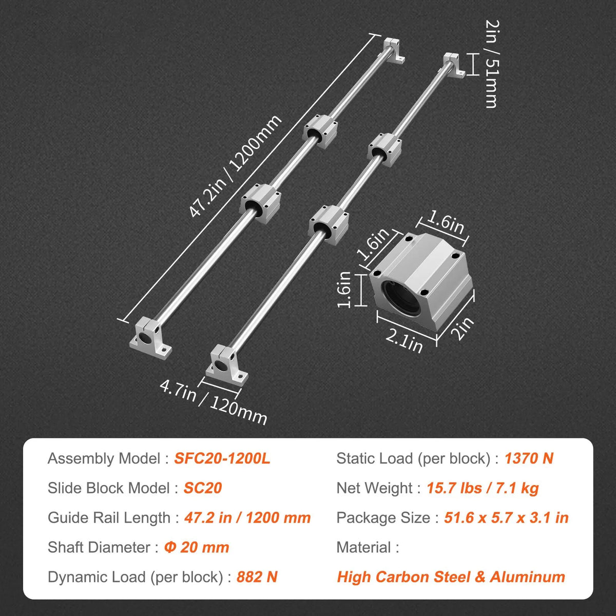 Linear Guide Rail Set, SFC20 1200mm, 2 PCS 47.2 in/1200 mm SFC20 Guide Rails 4 PCS SC20 Slide Blocks 4 PCS Rail Supports, Linear Rails and Bearings Kit for Automated Machines CNC DIY Project - Image 7