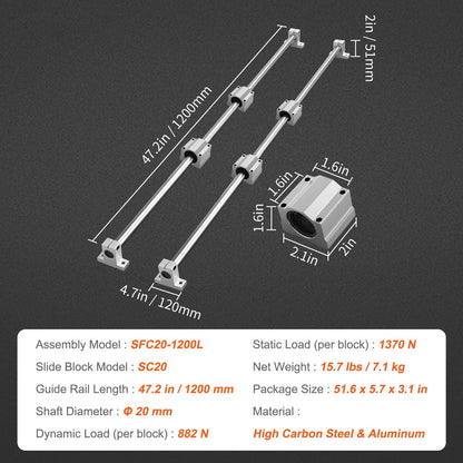 Linear Guide Rail Set, SFC20 1200mm, 2 PCS 47.2 in/1200 mm SFC20 Guide Rails 4 PCS SC20 Slide Blocks 4 PCS Rail Supports, Linear Rails and Bearings Kit for Automated Machines CNC DIY Project - Image 7