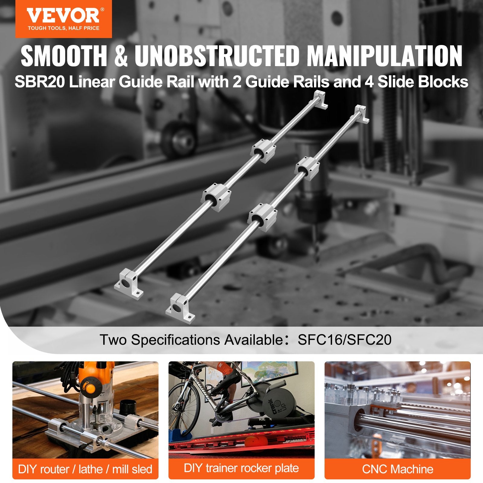 Linear Guide Rail Set, SFC20 1200mm, 2 PCS 47.2 in/1200 mm SFC20 Guide Rails 4 PCS SC20 Slide Blocks 4 PCS Rail Supports, Linear Rails and Bearings Kit for Automated Machines CNC DIY Project - Image 2