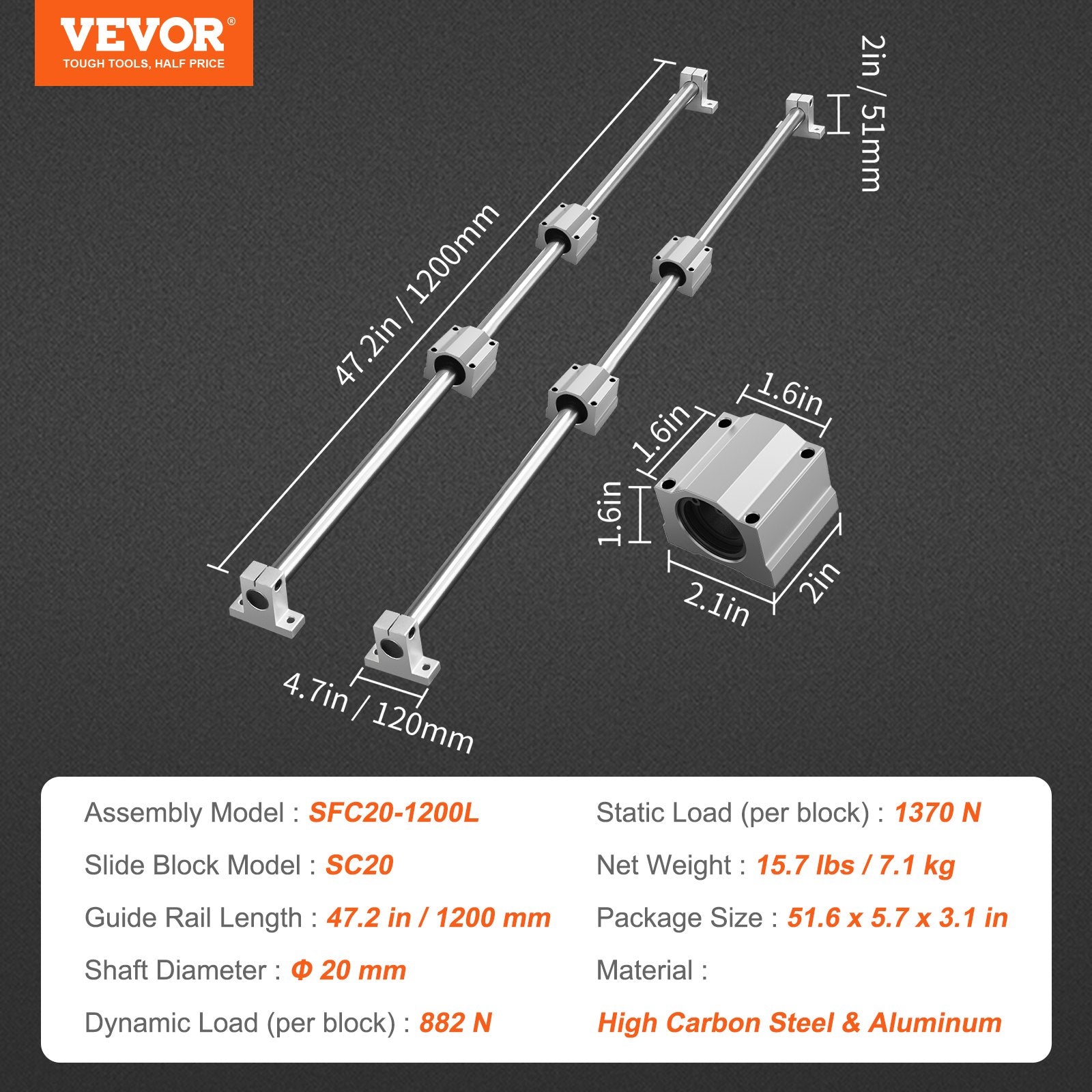 Linear Guide Rail Set, SFC20 1200mm, 2 PCS 47.2 in/1200 mm SFC20 Guide Rails 4 PCS SC20 Slide Blocks 4 PCS Rail Supports, Linear Rails and Bearings Kit for Automated Machines CNC DIY Project - Image 7