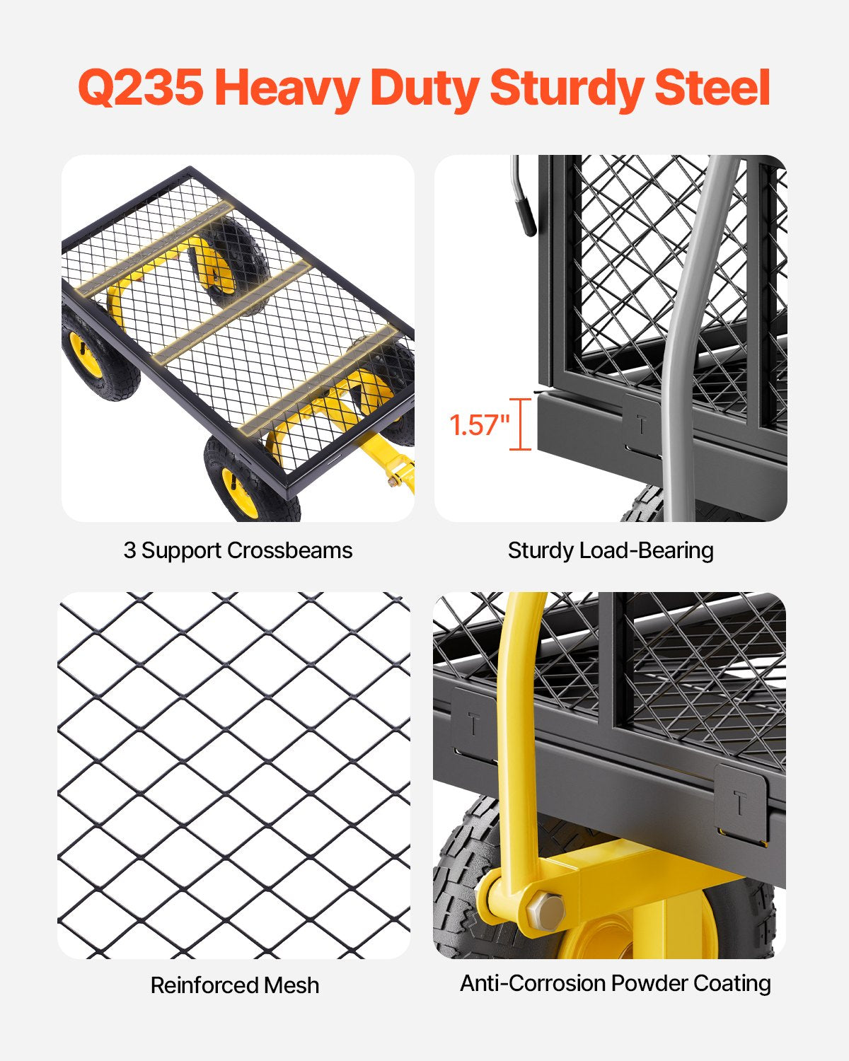 500 Lbs Steel Garden Cart, Heavy Duty Garden Wagon Cart Pullable on Wheels, Metal Yard Utility Wagon Carts with 10" All Terrain Tires, Mesh Removable Sides and 180°Rotating Handle - Image 4