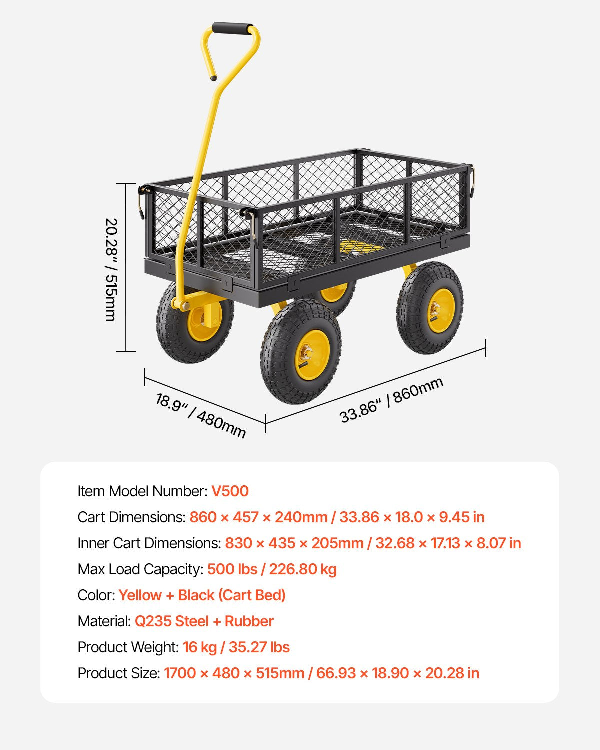 500 Lbs Steel Garden Cart, Heavy Duty Garden Wagon Cart Pullable on Wheels, Metal Yard Utility Wagon Carts with 10" All Terrain Tires, Mesh Removable Sides and 180°Rotating Handle - Image 7