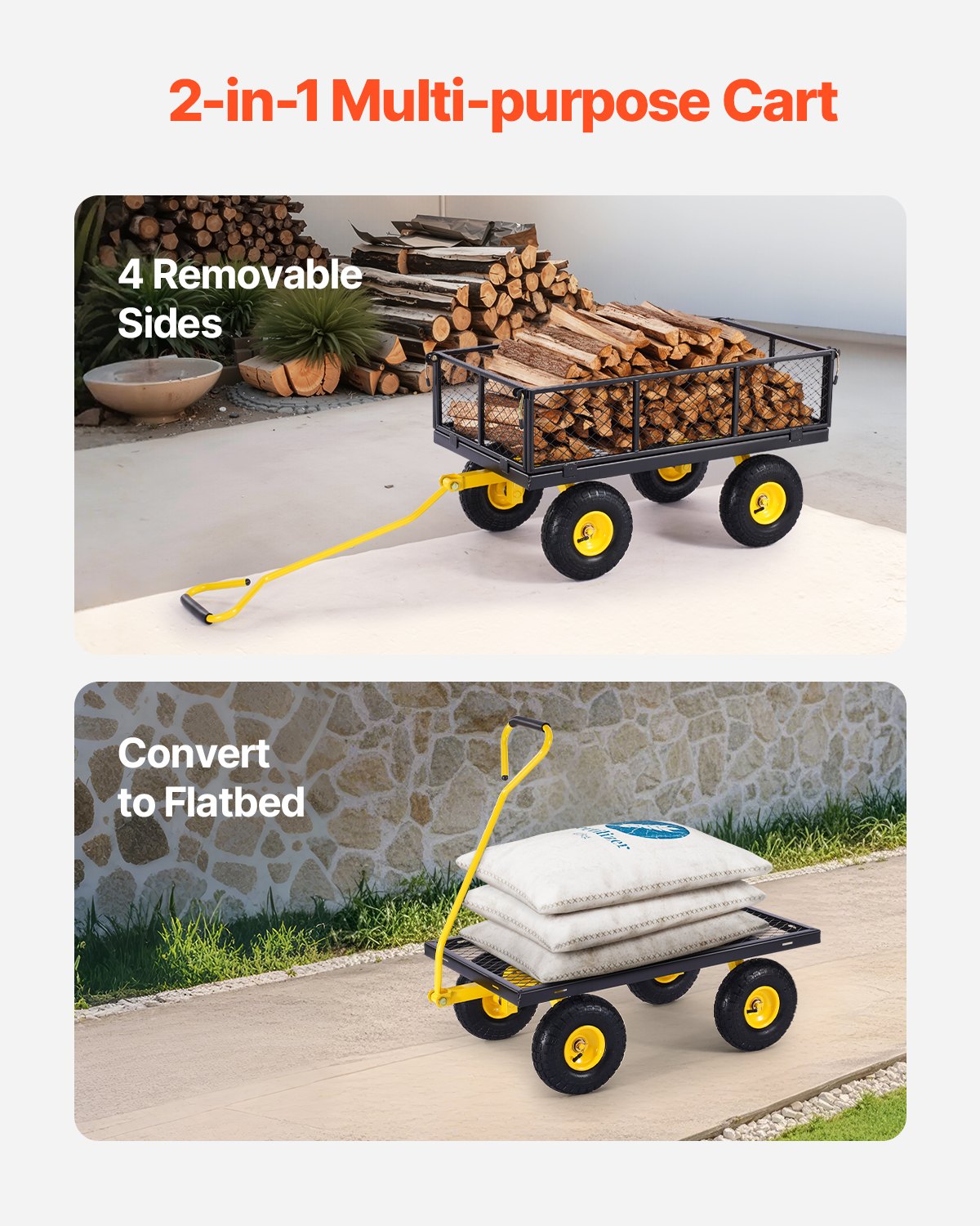 900 Lbs Heavy Duty Steel Garden Cart, Garden Wagon Cart on Wheels, Outdoor Metal Yard Utility Wagon Carts with 10" Tires and Mesh Removable Sides(Convert to Flatbed) and 180°Rotating Handle - Image 3