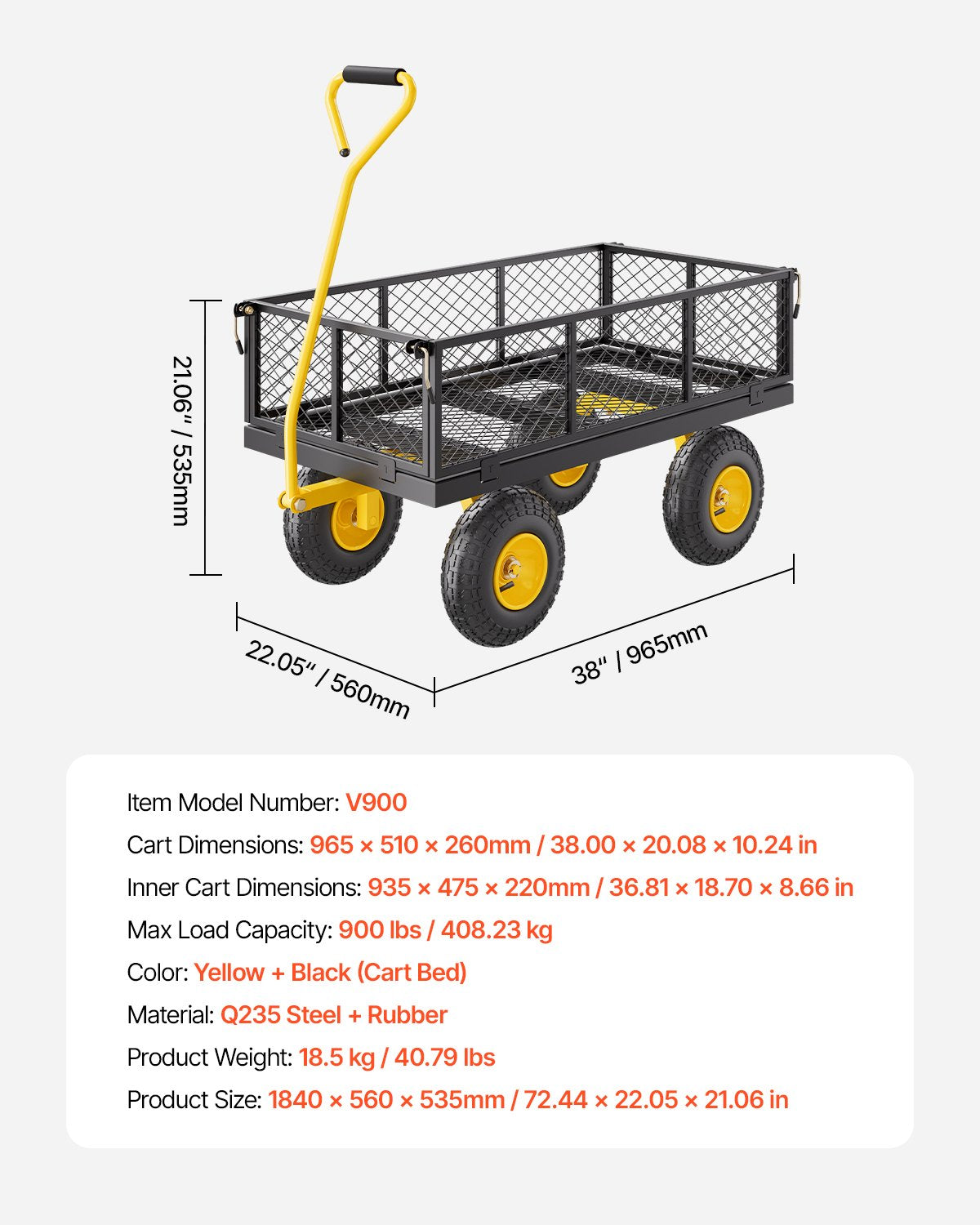 900 Lbs Heavy Duty Steel Garden Cart, Garden Wagon Cart on Wheels, Outdoor Metal Yard Utility Wagon Carts with 10" Tires and Mesh Removable Sides(Convert to Flatbed) and 180°Rotating Handle - Image 7