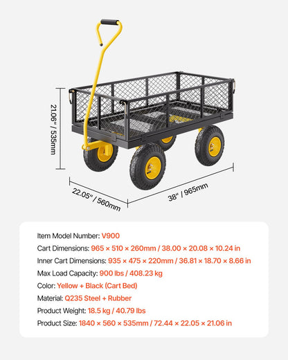 900 Lbs Heavy Duty Steel Garden Cart, Garden Wagon Cart on Wheels, Outdoor Metal Yard Utility Wagon Carts with 10" Tires and Mesh Removable Sides(Convert to Flatbed) and 180°Rotating Handle - Image 7