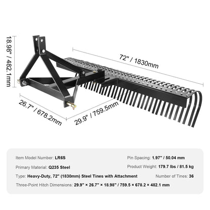 Tow Behind Dethatcher, 1.8m Tow Dethatcher with 36 Steel Tines, 3-Point Lawn Dethatcher Rake with Attachments for Tractor, Landscape Rake for Garden, Farm, Grass - Image 7