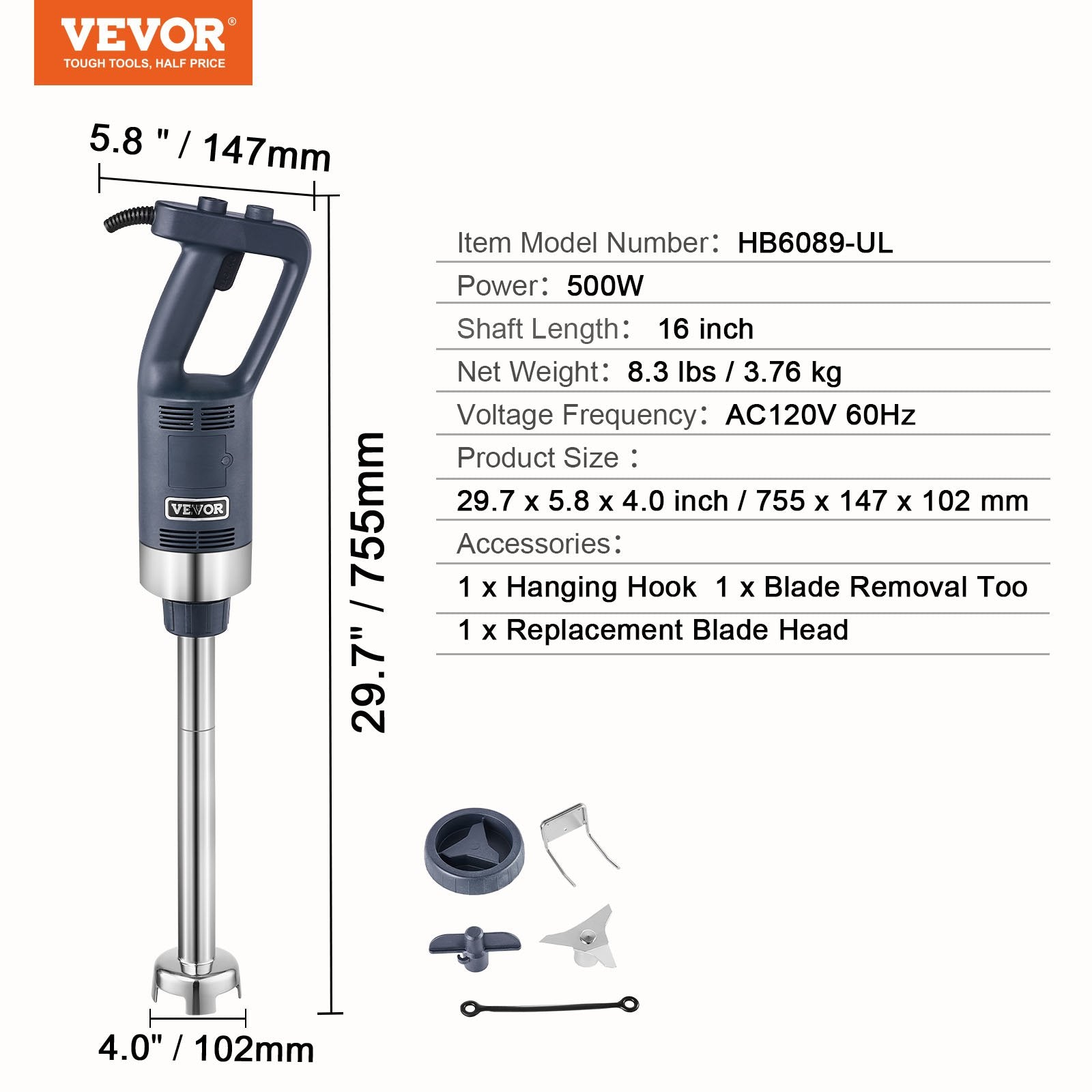 Commercial Immersion Blender 500W Heavy Duty Hand Mixer for Soup Sauces - Image 7