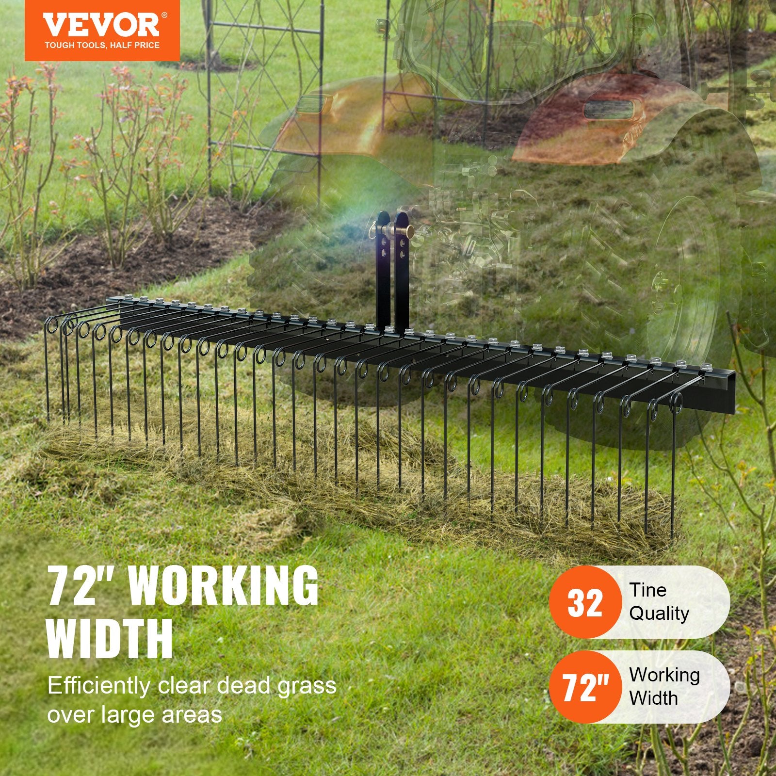 Tow Behind Landscape Rake, 1.8m Tow Dethatcher with 32 Steel Tines, Lawn Dethatcher Rake Attaches to Category 1, 3 Point Hitch for Tractor, for Leaves, Pine Needles, Straw, and Grass - Image 2
