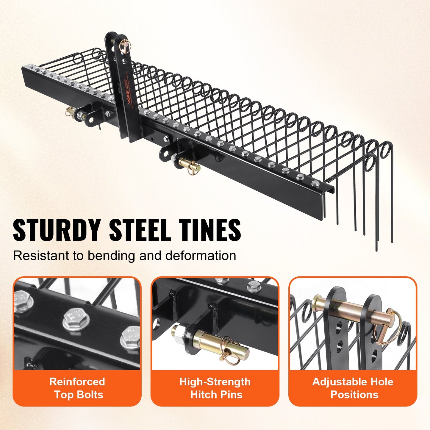 Tow Behind Landscape Rake, 1.8m Tow Dethatcher with 32 Steel Tines, Lawn Dethatcher Rake Attaches to Category 1, 3 Point Hitch for Tractor, for Leaves, Pine Needles, Straw, and Grass - Image 3