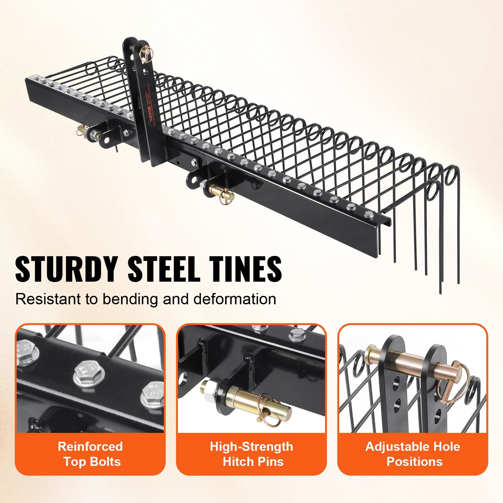 Tow Behind Landscape Rake, 1.8m Tow Dethatcher with 32 Steel Tines, Lawn Dethatcher Rake Attaches to Category 1, 3 Point Hitch for Tractor, for Leaves, Pine Needles, Straw, and Grass - Image 3