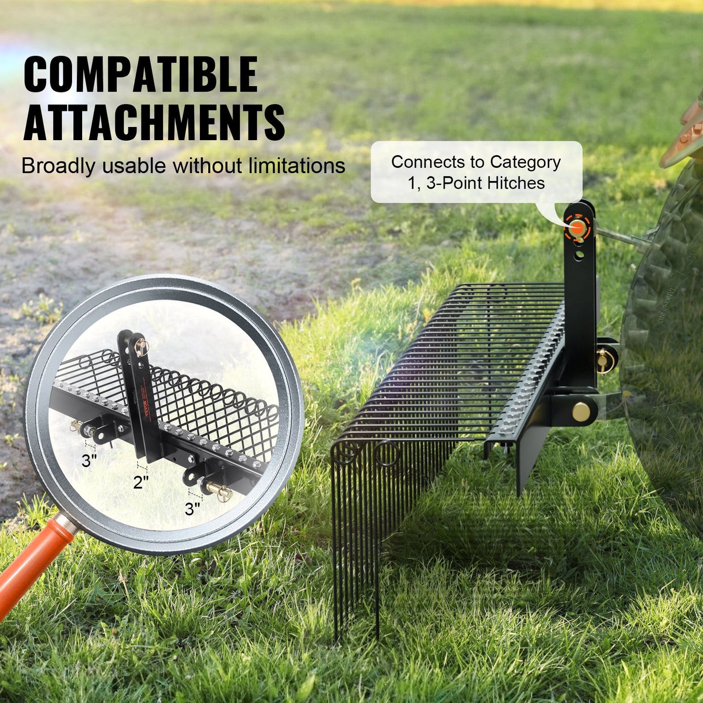 Tow Behind Landscape Rake, 1.8m Tow Dethatcher with 32 Steel Tines, Lawn Dethatcher Rake Attaches to Category 1, 3 Point Hitch for Tractor, for Leaves, Pine Needles, Straw, and Grass - Image 4