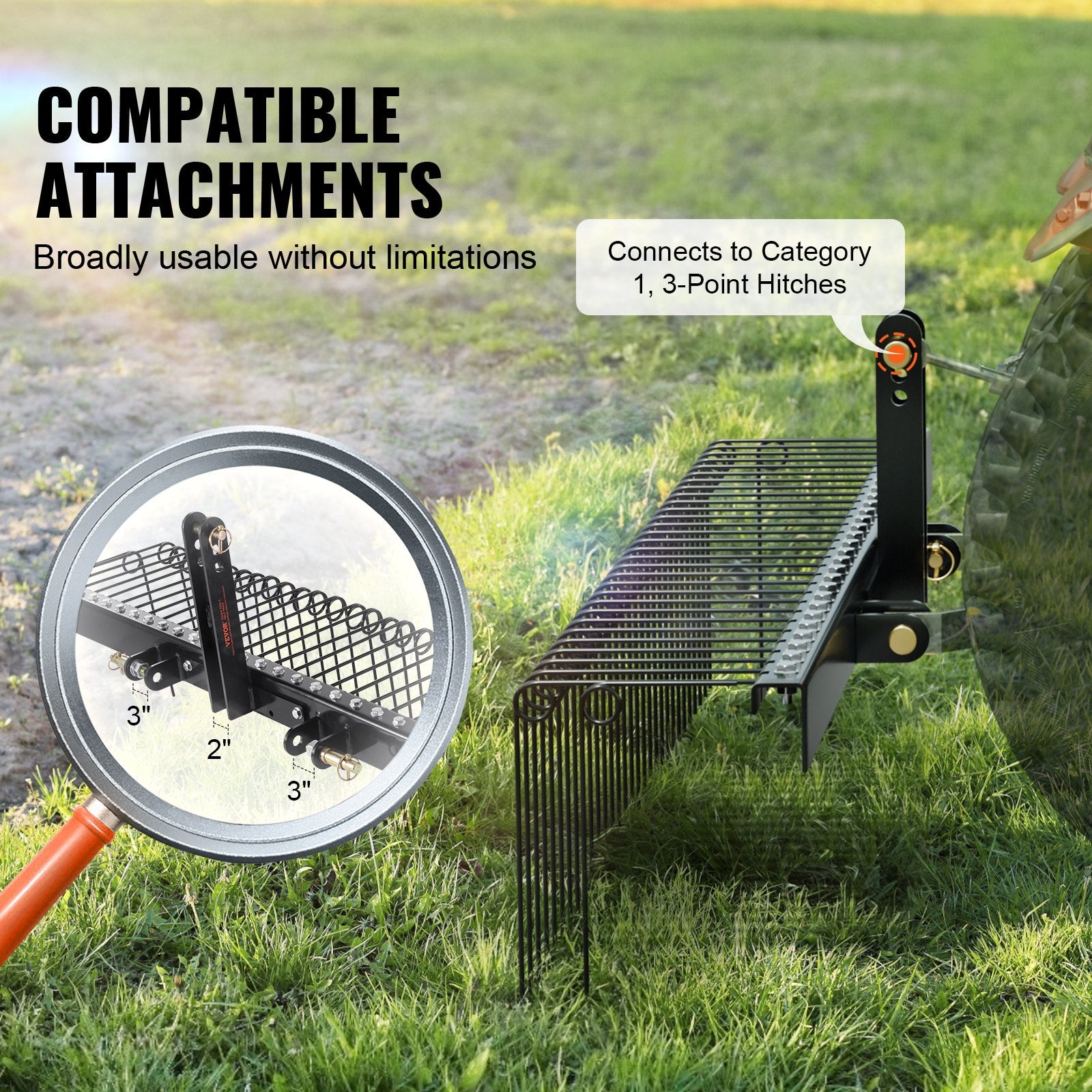 Tow Behind Landscape Rake, 1.8m Tow Dethatcher with 32 Steel Tines, Lawn Dethatcher Rake Attaches to Category 1, 3 Point Hitch for Tractor, for Leaves, Pine Needles, Straw, and Grass - Image 4