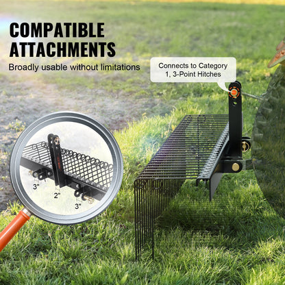 Tow Behind Landscape Rake, 1.8m Tow Dethatcher with 32 Steel Tines, Lawn Dethatcher Rake Attaches to Category 1, 3 Point Hitch for Tractor, for Leaves, Pine Needles, Straw, and Grass - Image 4