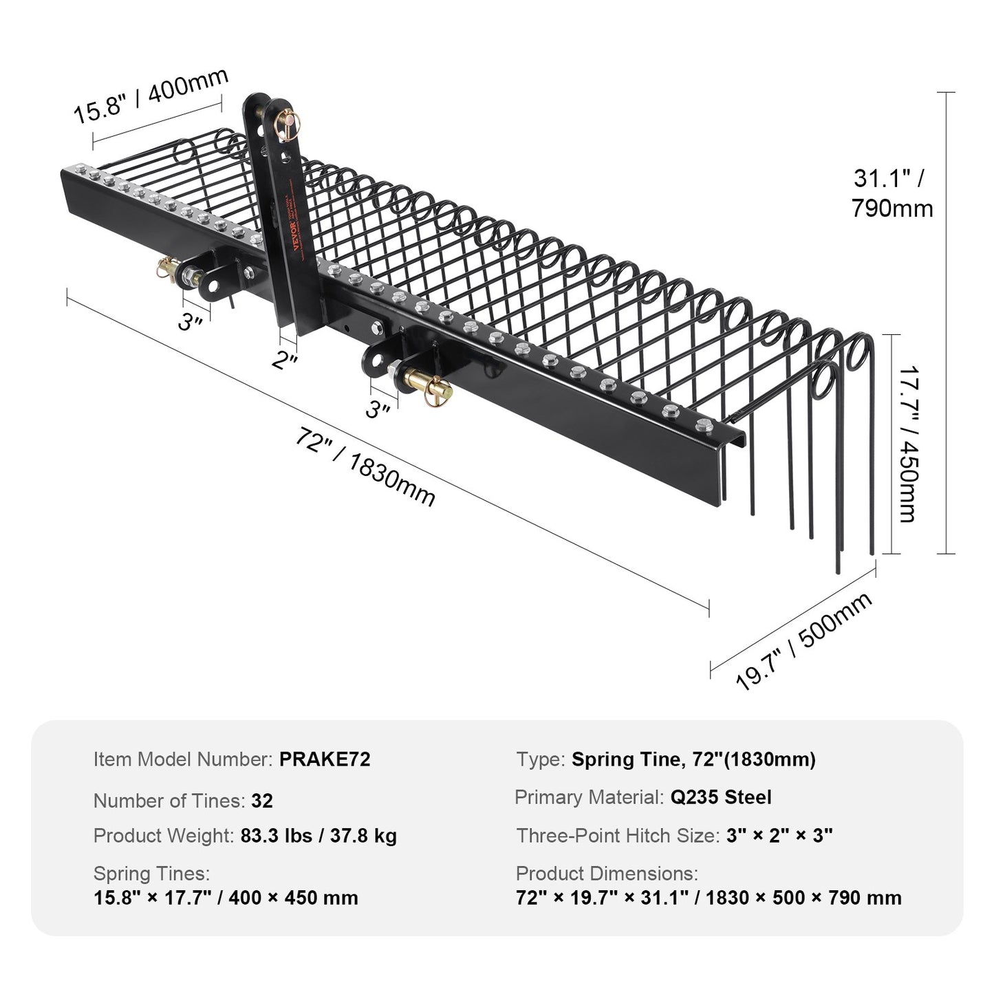 Tow Behind Landscape Rake, 1.8m Tow Dethatcher with 32 Steel Tines, Lawn Dethatcher Rake Attaches to Category 1, 3 Point Hitch for Tractor, for Leaves, Pine Needles, Straw, and Grass - Image 7