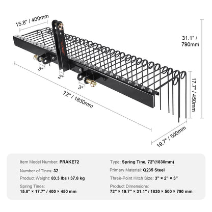 Tow Behind Landscape Rake, 1.8m Tow Dethatcher with 32 Steel Tines, Lawn Dethatcher Rake Attaches to Category 1, 3 Point Hitch for Tractor, for Leaves, Pine Needles, Straw, and Grass - Image 7