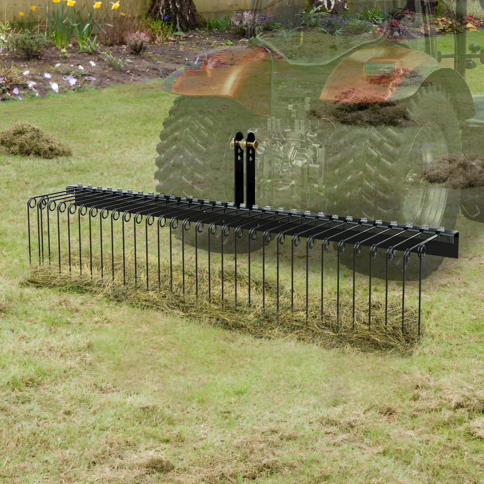 Tow Behind Landscape Rake, 1.8m Tow Dethatcher with 32 Steel Tines, Lawn Dethatcher Rake Attaches to Category 1, 3 Point Hitch for Tractor, for Leaves, Pine Needles, Straw, and Grass - Image 8