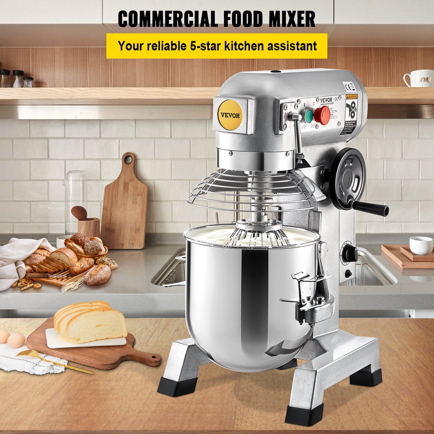 Professional Kitchen Mixer, 10Qt Capacity with Timer, 450W Stainless Steel Bowl Durable Electric Mixer for Commercial Use, 3 Speed Options 113/184/341 RPM, Includes Dough Hook & Whisk - Image 2
