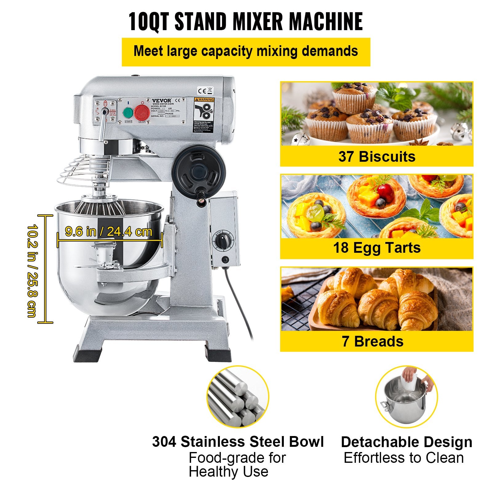 Professional Kitchen Mixer, 10Qt Capacity with Timer, 450W Stainless Steel Bowl Durable Electric Mixer for Commercial Use, 3 Speed Options 113/184/341 RPM, Includes Dough Hook & Whisk - Image 3