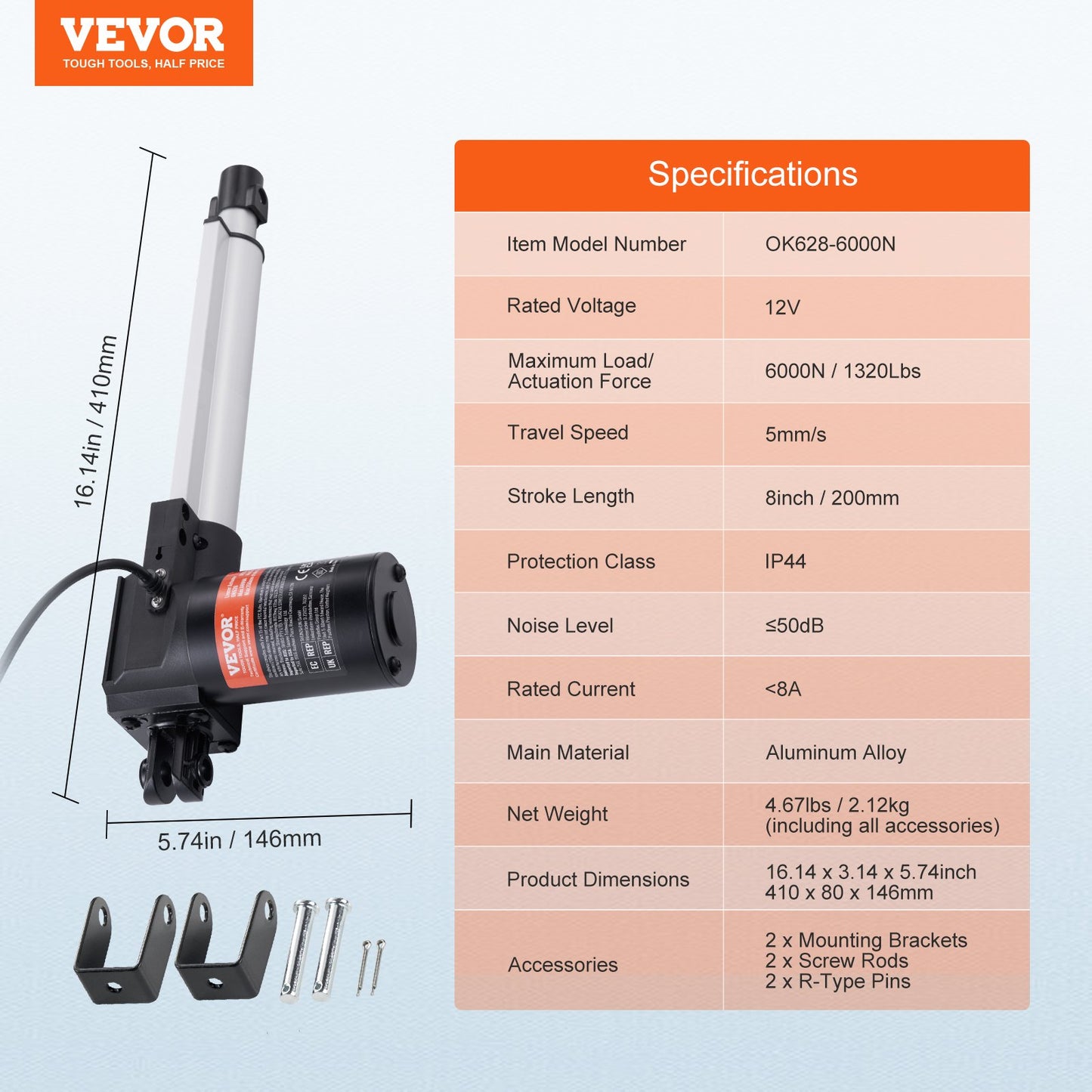 Linear Actuator 12V, 8 Inch Heavy Duty 1320lbs/6000N Linear Actuator, 0.19"/s Linear Motion Actuator with Mounting Bracket & IP44 Protection for Electric Door Industrial Machinery Vessels Cargo - Image 7