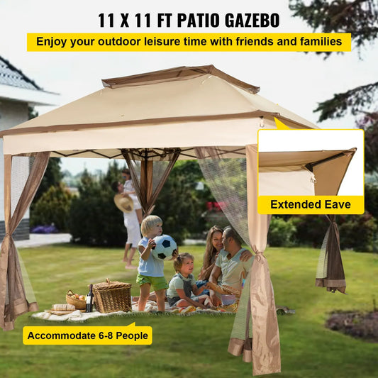 Outdoor Canopy Gazebo Tent, Portable Canopy Shelter with 11\'x11\' Large Shade Space for Party, Backyard, Patio Lawn and Garden, 4 Sandbags, Carrying Bag and Netting Included, Brown - Image 2