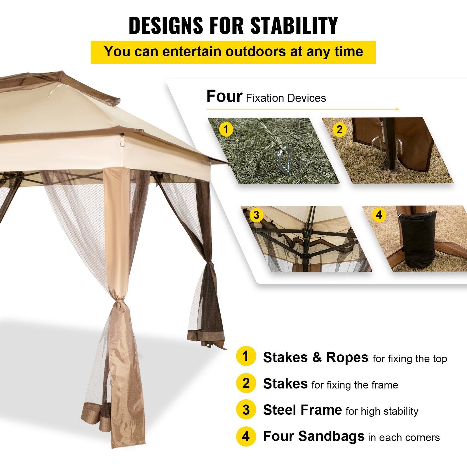 Outdoor Canopy Gazebo Tent, Portable Canopy Shelter with 11\'x11\' Large Shade Space for Party, Backyard, Patio Lawn and Garden, 4 Sandbags, Carrying Bag and Netting Included, Brown - Image 4