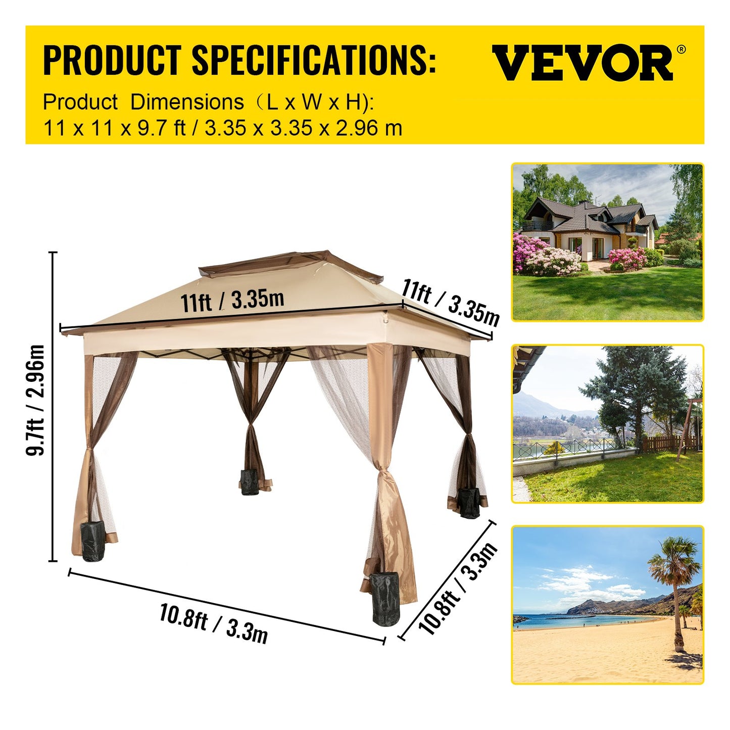 Outdoor Canopy Gazebo Tent, Portable Canopy Shelter with 11\'x11\' Large Shade Space for Party, Backyard, Patio Lawn and Garden, 4 Sandbags, Carrying Bag and Netting Included, Brown - Image 7