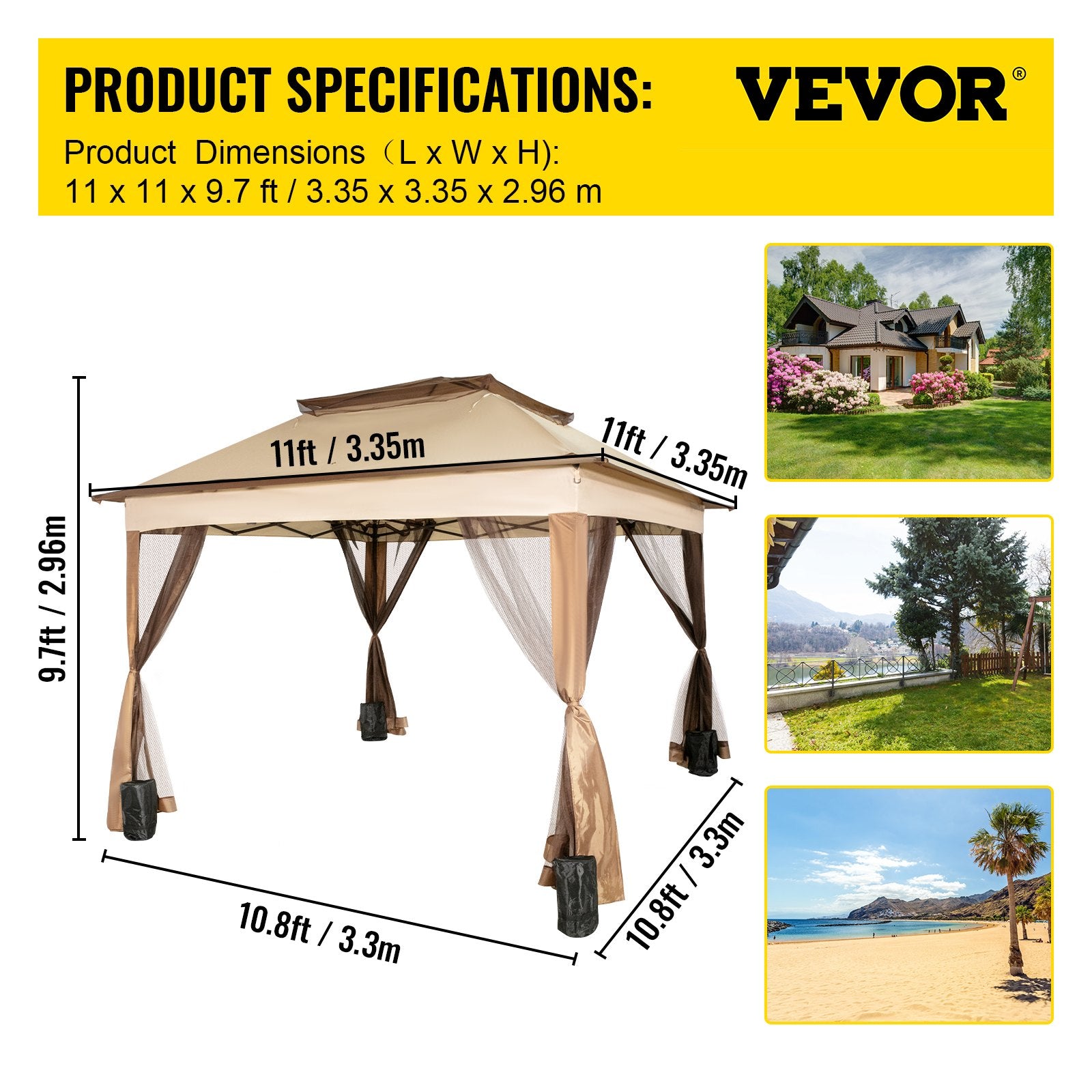 Outdoor Canopy Gazebo Tent, Portable Canopy Shelter with 11\'x11\' Large Shade Space for Party, Backyard, Patio Lawn and Garden, 4 Sandbags, Carrying Bag and Netting Included, Brown - Image 7