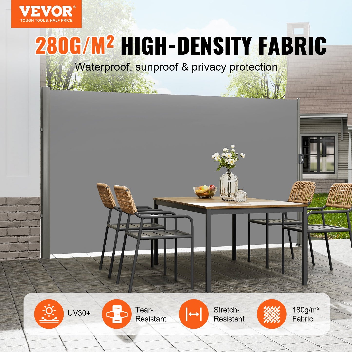 VEVOR Retractable Side Awning, 160X300m Aluminum Outdoor Privacy Screen, 280g Polyester Water-proof Retractable Patio Screen, UV 30+ Room Divider Wind Screen for Patio, Backyard, Balcony, Gray - Image 2