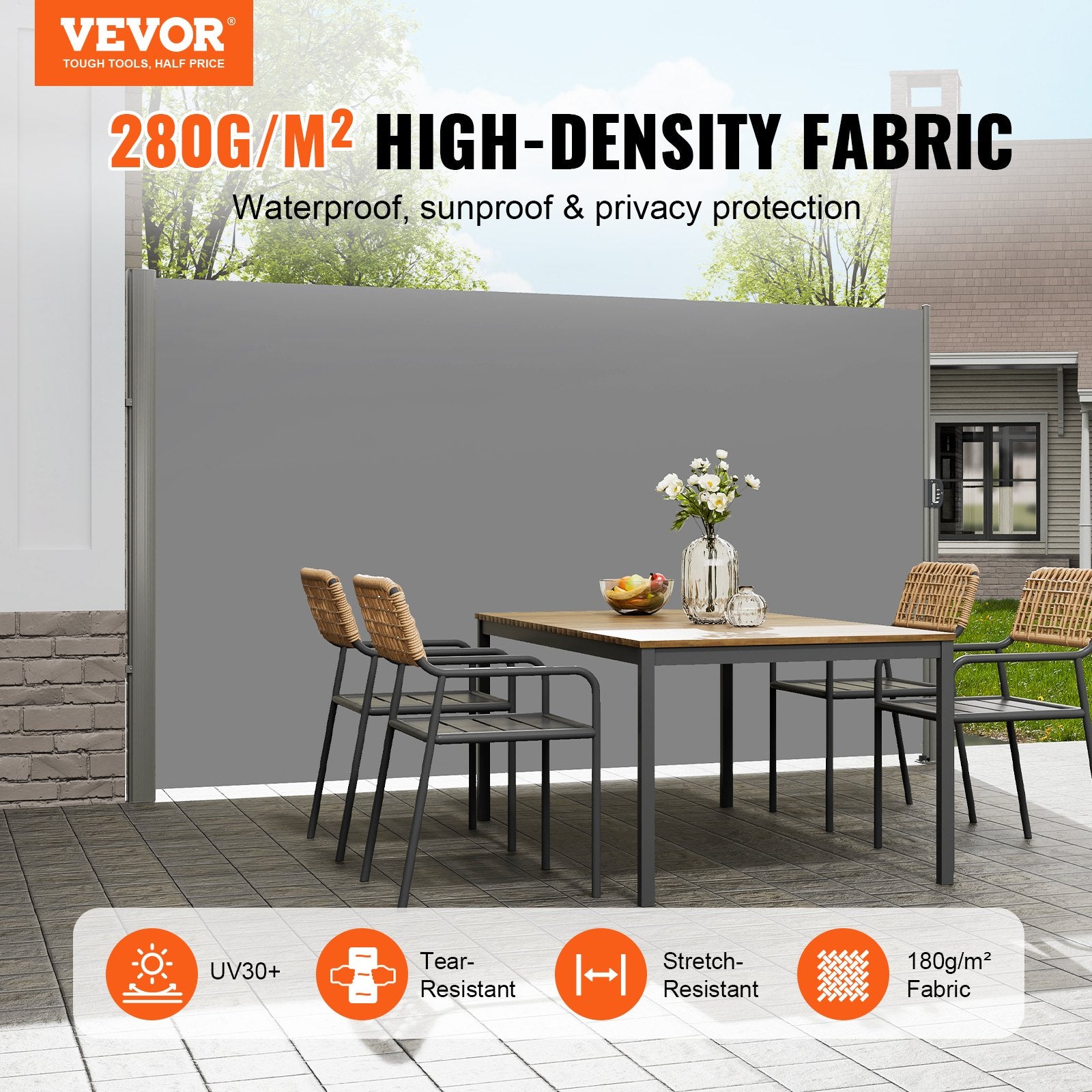VEVOR Retractable Side Awning, 160X300m Aluminum Outdoor Privacy Screen, 280g Polyester Water-proof Retractable Patio Screen, UV 30+ Room Divider Wind Screen for Patio, Backyard, Balcony, Gray - Image 2