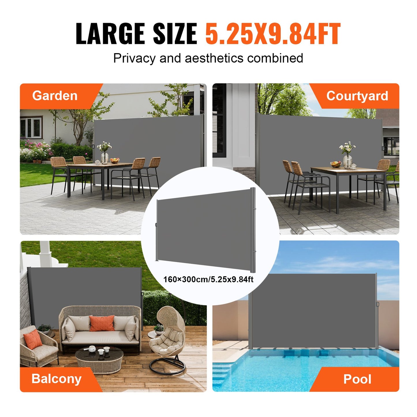 VEVOR Retractable Side Awning, 160X300m Aluminum Outdoor Privacy Screen, 280g Polyester Water-proof Retractable Patio Screen, UV 30+ Room Divider Wind Screen for Patio, Backyard, Balcony, Gray - Image 6