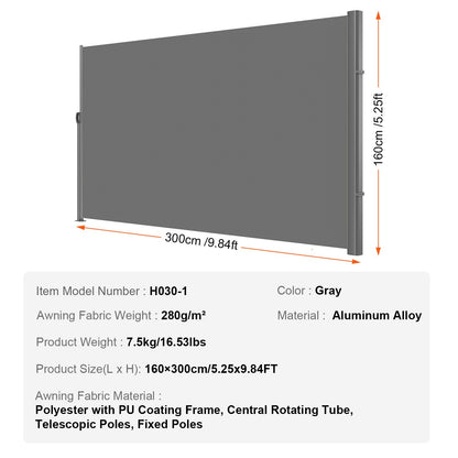 VEVOR Retractable Side Awning, 160X300m Aluminum Outdoor Privacy Screen, 280g Polyester Water-proof Retractable Patio Screen, UV 30+ Room Divider Wind Screen for Patio, Backyard, Balcony, Gray - Image 7