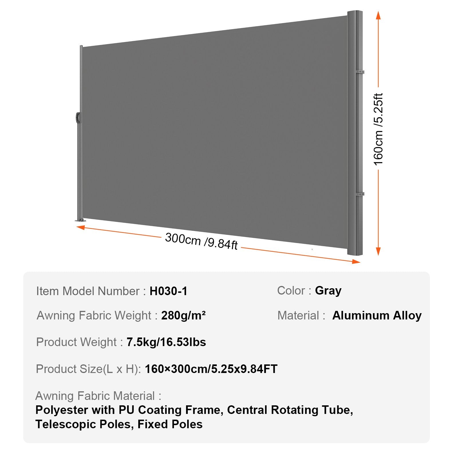 Retractable Side Awning, 160X300m Aluminum Outdoor Privacy Screen, 280g Polyester Water-proof Retractable Patio Screen, UV 30+ Room Divider Wind Screen for Patio, Backyard, Balcony, Gray - Image 7