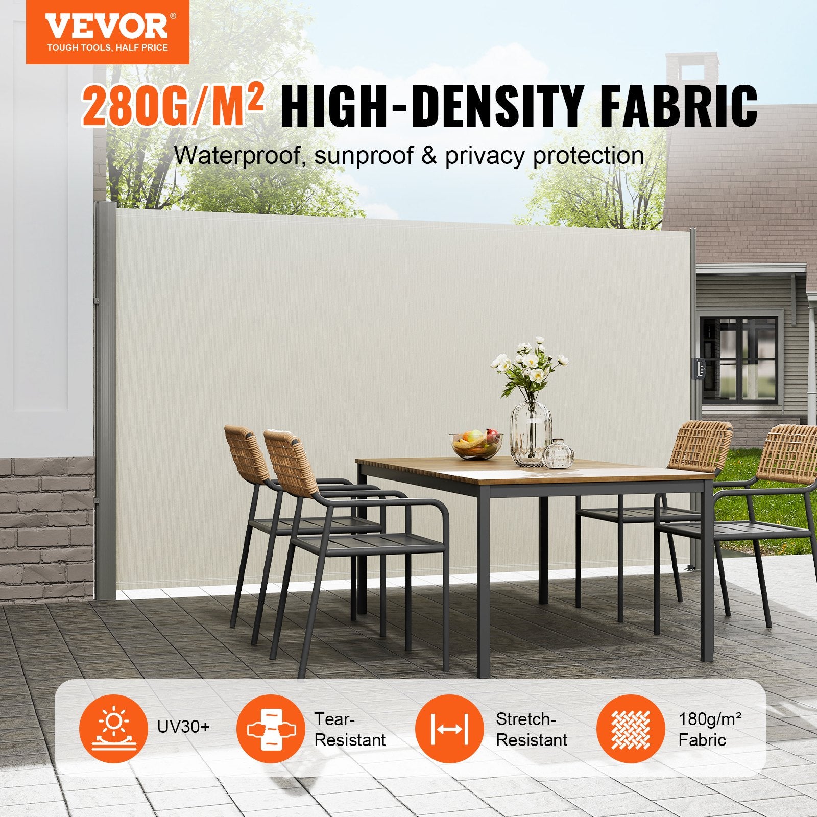 Retractable Side Awning,160X300cm Aluminum Outdoor Privacy Screen, 280g Polyester Water-proof Retractable Patio Screen, UV 30+ Room Divider Wind Screen for Patio, Backyard, Balcony, Beige - Image 2