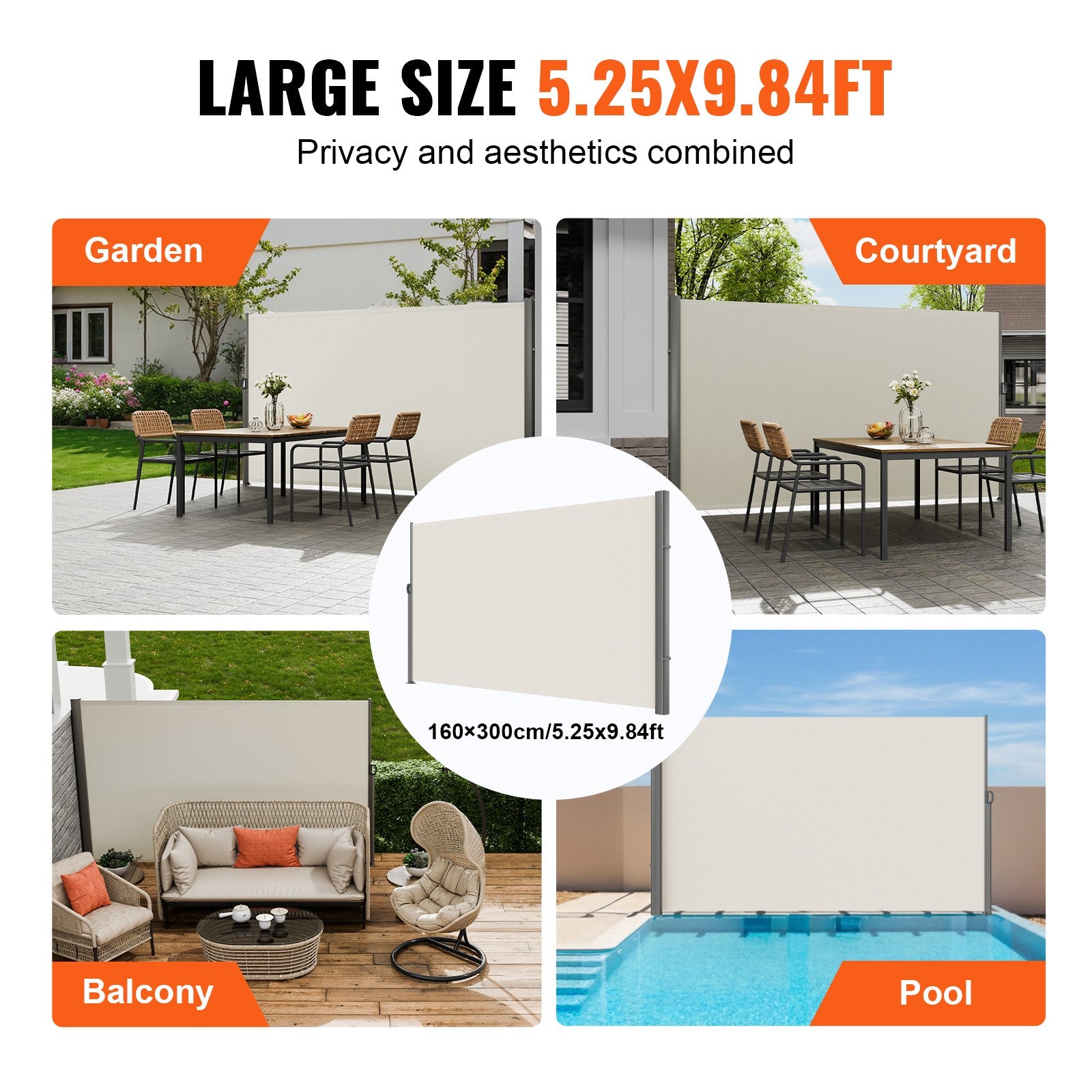 Retractable Side Awning,160X300cm Aluminum Outdoor Privacy Screen, 280g Polyester Water-proof Retractable Patio Screen, UV 30+ Room Divider Wind Screen for Patio, Backyard, Balcony, Beige - Image 6