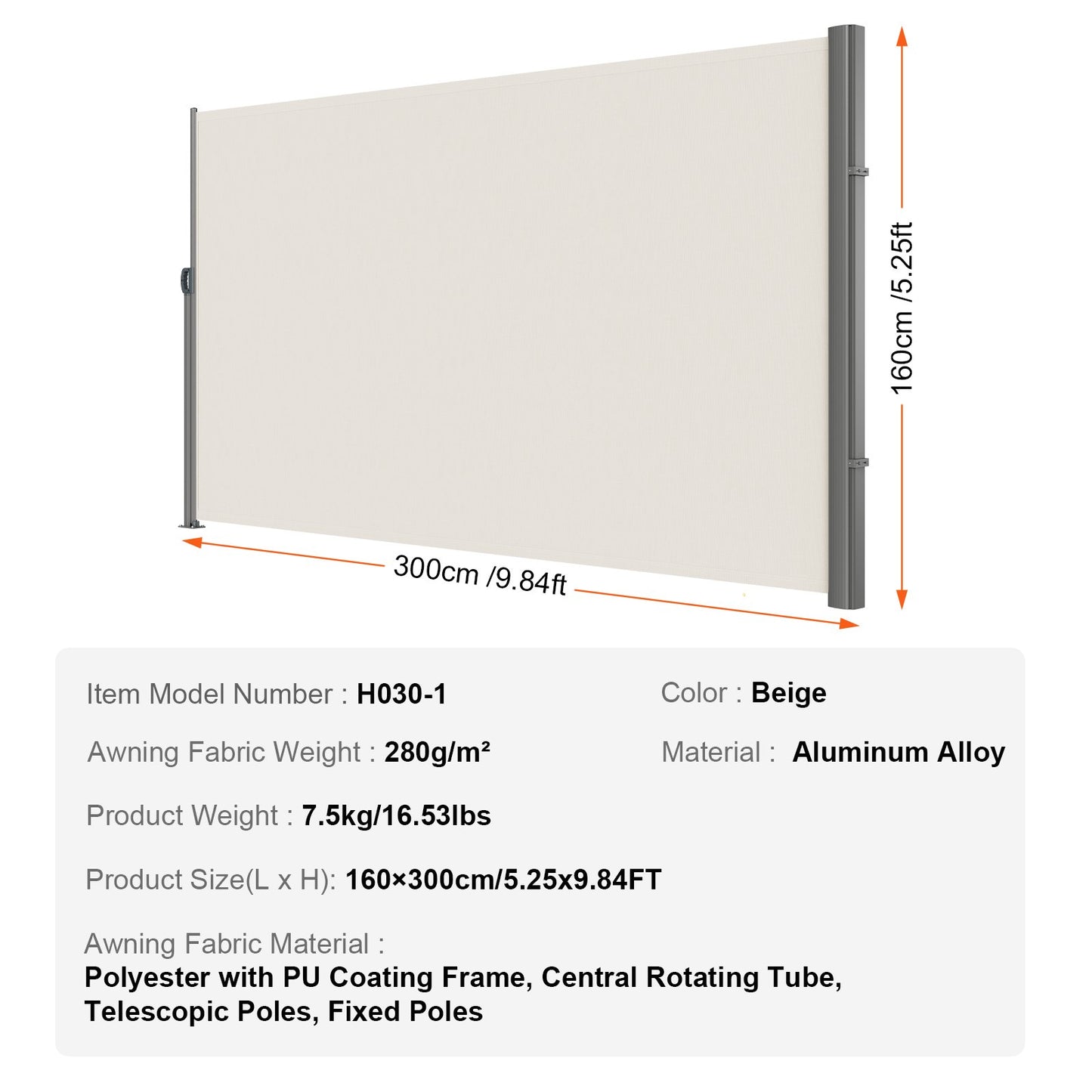 Retractable Side Awning,160X300cm Aluminum Outdoor Privacy Screen, 280g Polyester Water-proof Retractable Patio Screen, UV 30+ Room Divider Wind Screen for Patio, Backyard, Balcony, Beige - Image 7