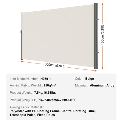 Retractable Side Awning,160X300cm Aluminum Outdoor Privacy Screen, 280g Polyester Water-proof Retractable Patio Screen, UV 30+ Room Divider Wind Screen for Patio, Backyard, Balcony, Beige - Image 7