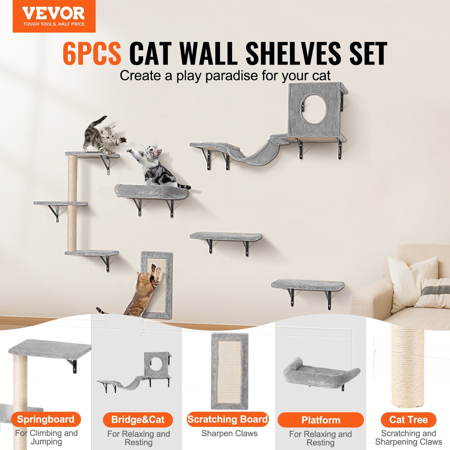 Wall Mounted Cat Shelves, Cat Wall Shelves and Perches with Jumping Boards, Hammock, Sofa, Cat Tree & Cat Grip, Cat Furniture and Shelves up to 40 lbs for Sleeping, Playing, Climbing, Set of 6 - Image 2