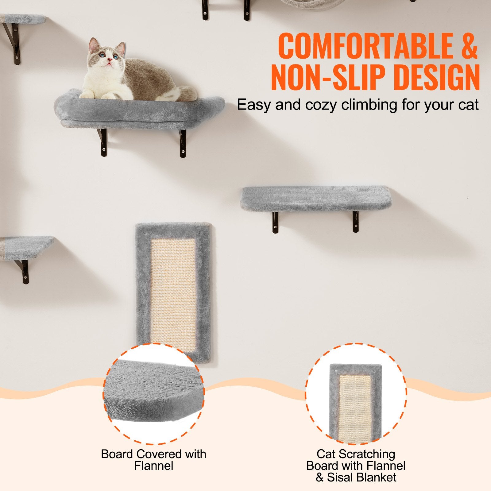 Wall Mounted Cat Shelves, Cat Wall Shelves and Perches with Jumping Boards, Hammock, Sofa, Cat Tree & Cat Grip, Cat Furniture and Shelves up to 40 lbs for Sleeping, Playing, Climbing, Set of 6 - Image 5