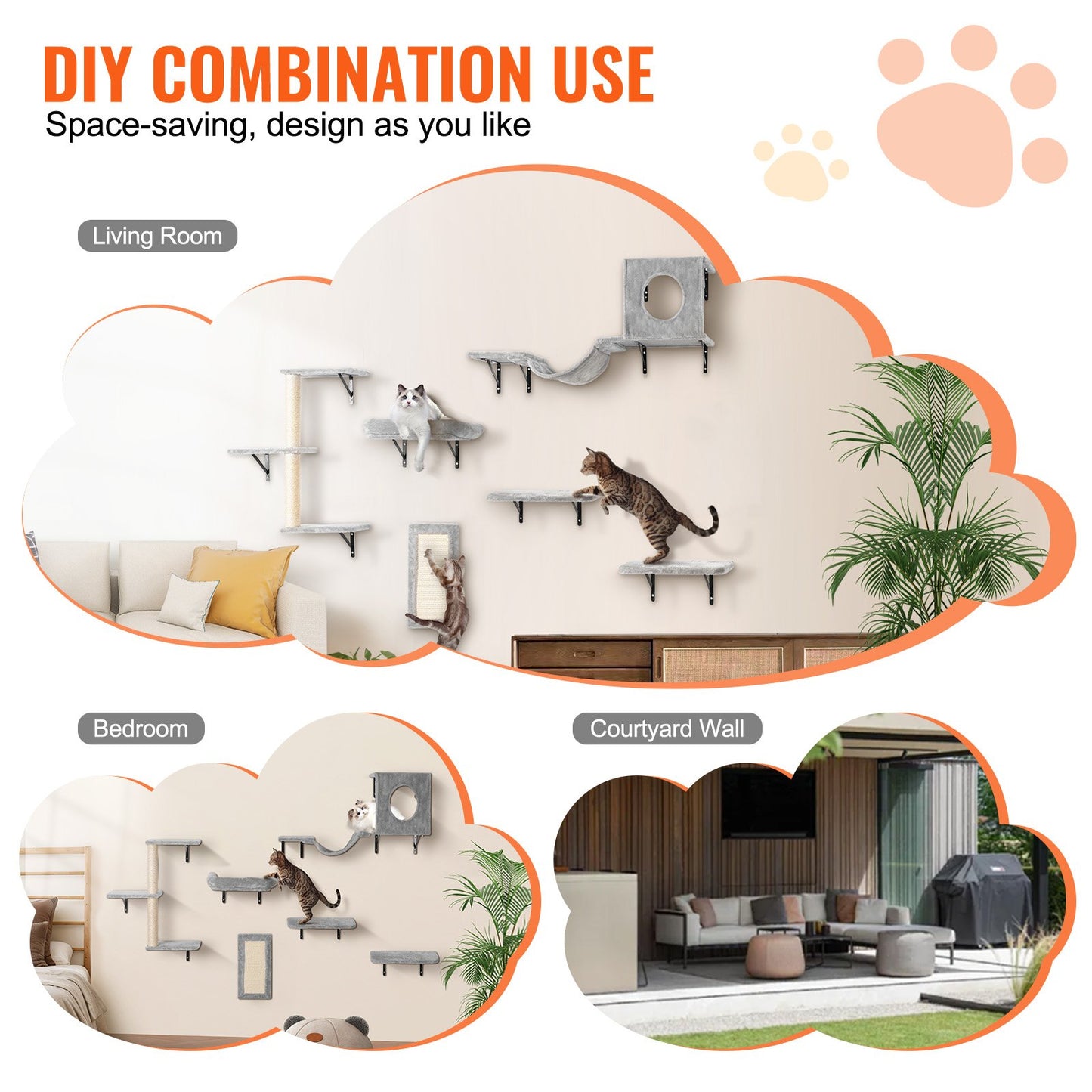 Wall Mounted Cat Shelves, Cat Wall Shelves and Perches with Jumping Boards, Hammock, Sofa, Cat Tree & Cat Grip, Cat Furniture and Shelves up to 40 lbs for Sleeping, Playing, Climbing, Set of 6 - Image 6