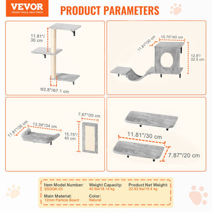 Wall Mounted Cat Shelves, Cat Wall Shelves and Perches with Jumping Boards, Hammock, Sofa, Cat Tree & Cat Grip, Cat Furniture and Shelves up to 40 lbs for Sleeping, Playing, Climbing, Set of 6 - Image 7