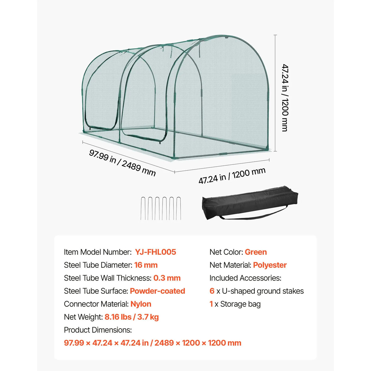 Crop Cage, 2.48 x 1.2 x 1.2 m Plant Protection Tent with Zippered Door, Wind-Resistant Tall Crop Cage, Easy to Install, Outdoor Raised Bed Cover with Frame, Plant Netting for Garden Patio Lawn - Image 7