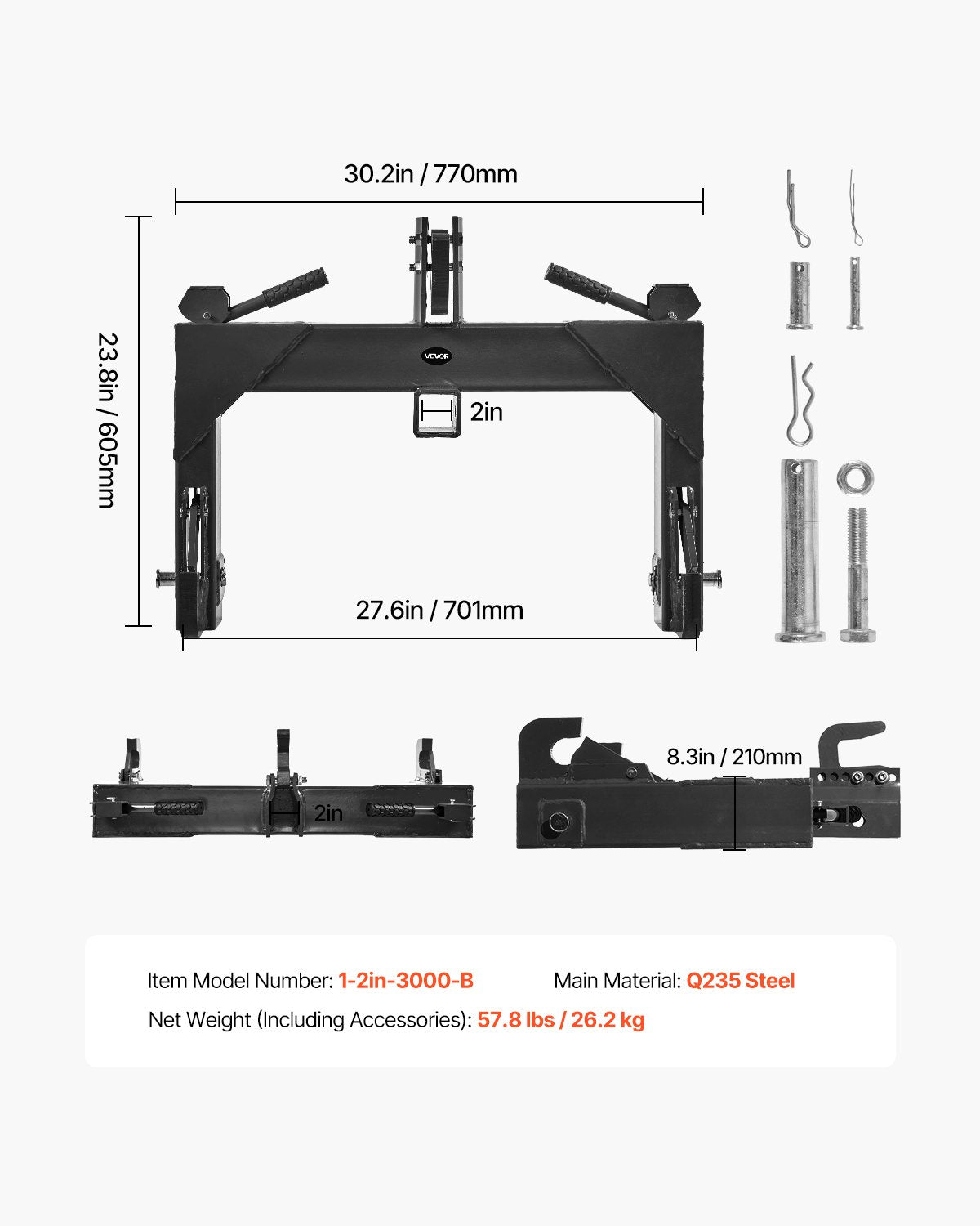 3-Point Quick Hitch with 2 in Receiver, 3000 Lbs Lift Capacity, 3-Pt Hitch with 5 Level Adjustable Bolt, Adaptation to Category 1 & 2 Tractor, Heavy Duty 3 Point Attachments, Black - Image 7