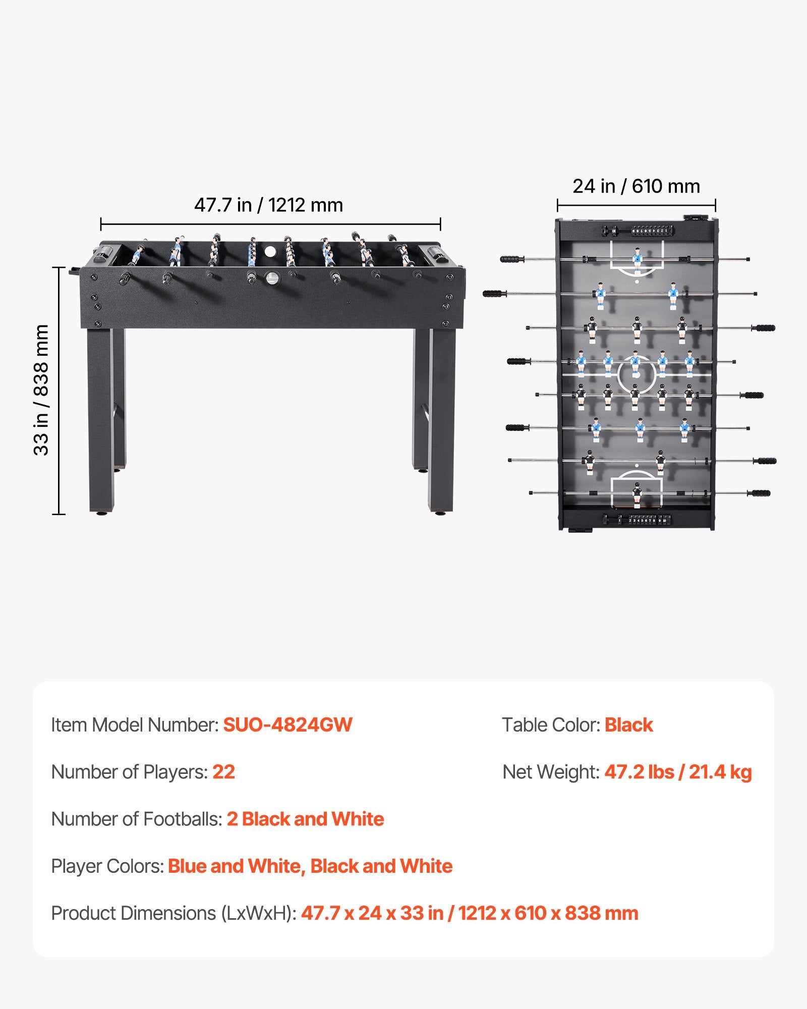 Foosball Table, 121 cm Standard Size Table, Indoor Full Size Foosball Tables for Home, Family, and Game Room, Durable Soccer Set, Includes 2 Balls, Score Keeper, and 2 Cup Holders - Image 7