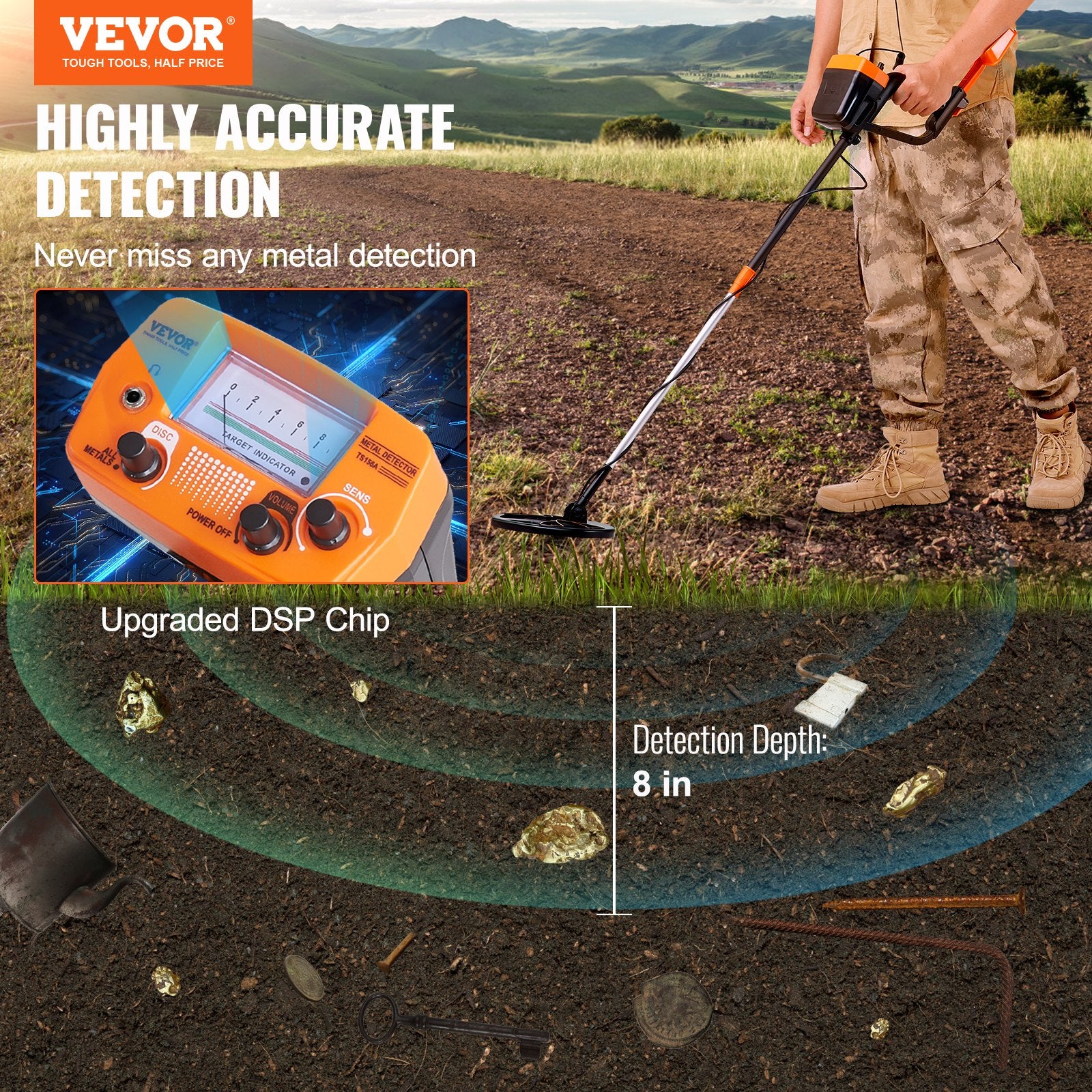 Metal Detector for Adults & Kids, 8", Professional Adjustable Higher Accuracy Gold Detector, IP68 Waterproof Coil with LCD Display Advanced DSP Chip, for Detecting Gold Coin Treasure Hunting - Image 2